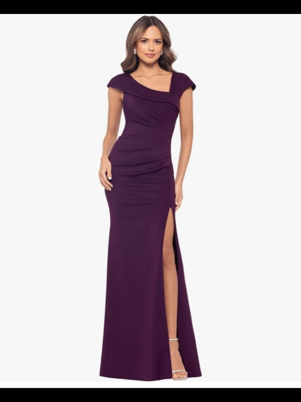 Xscape Deep Plum One-Shoulder Evening Dress with High Slit
